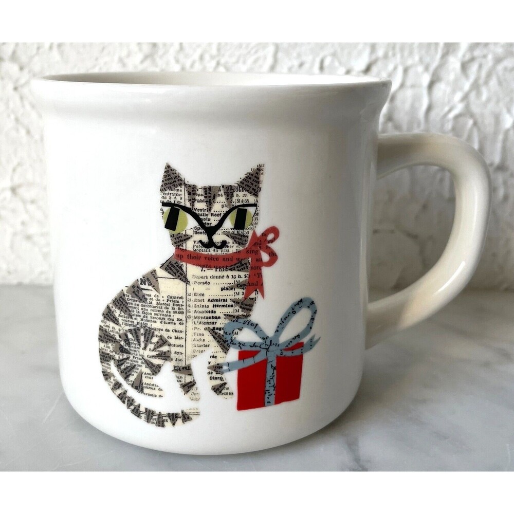 Pottery Barn & Denise Fiedler Mug Whimsical Cat WIth Wrapped Gift Coffee Cup